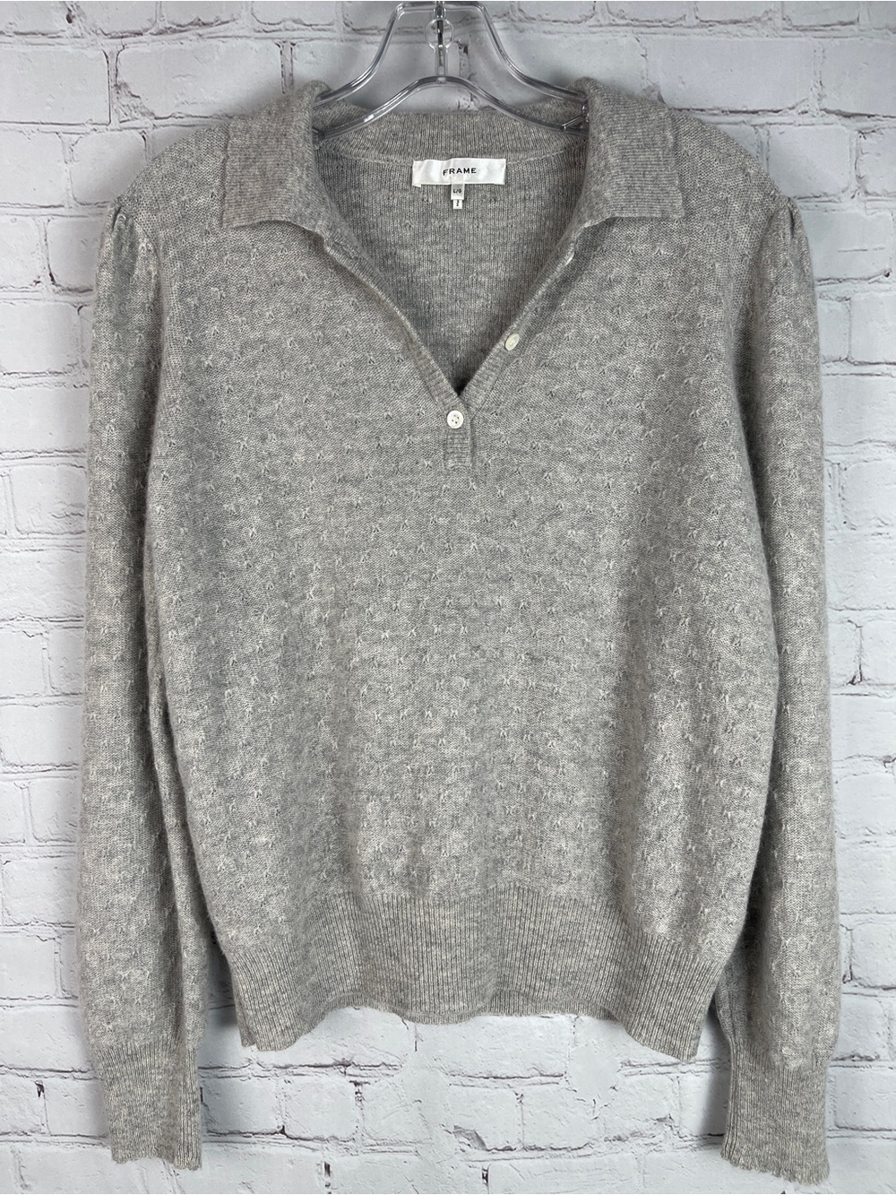 FRAME 100% cashmere soft light gray polo sweater, size L